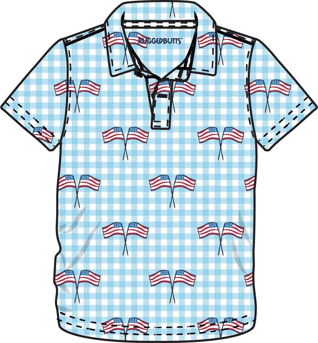 Boys Blue Patriotic Gingham Knit Short Sleeve Performance Polo