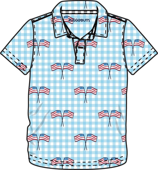 Boys Blue Patriotic Gingham Knit Short Sleeve Performance Polo