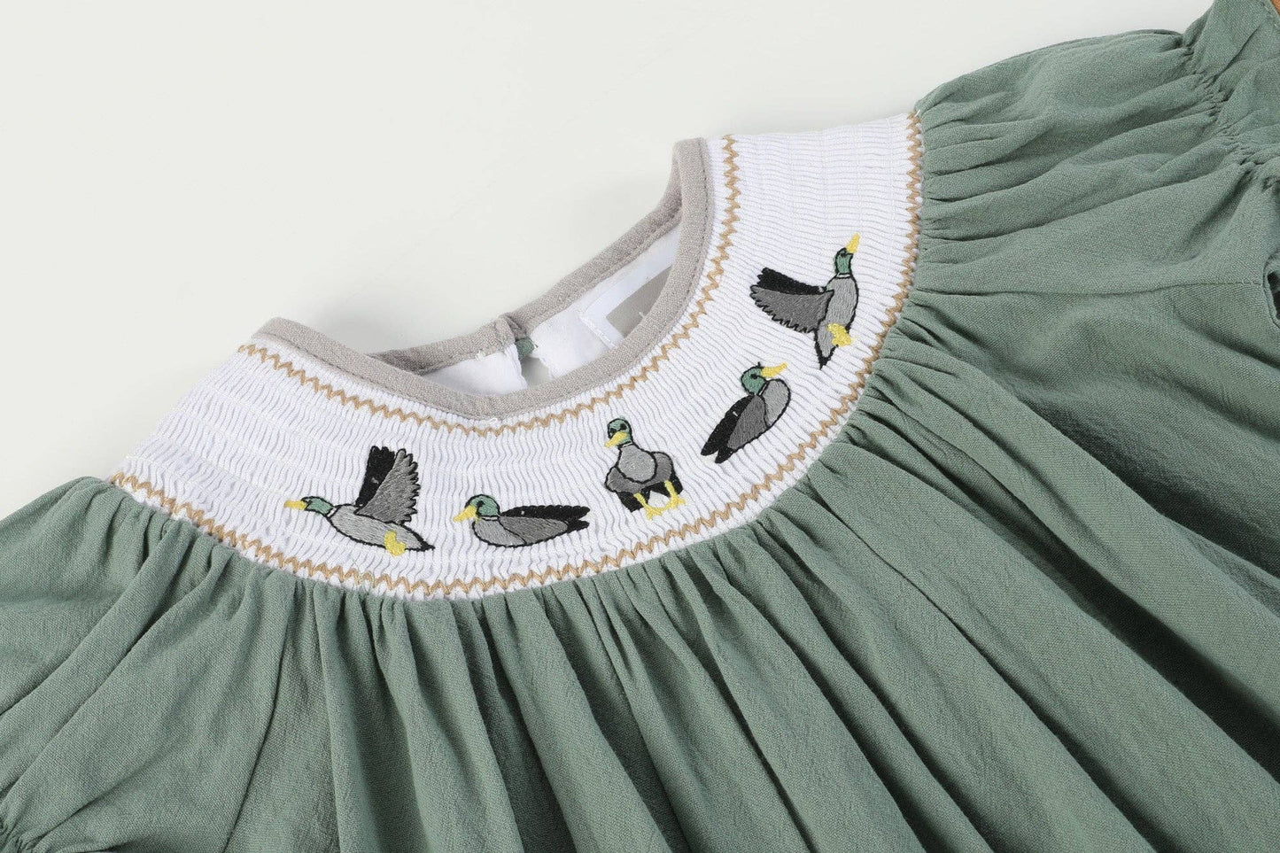 Sage Green Mallard Smocked Bishop Dress: 6-12M