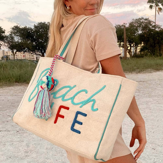 Beach Life Tote Beach Bag: Beige Canvas