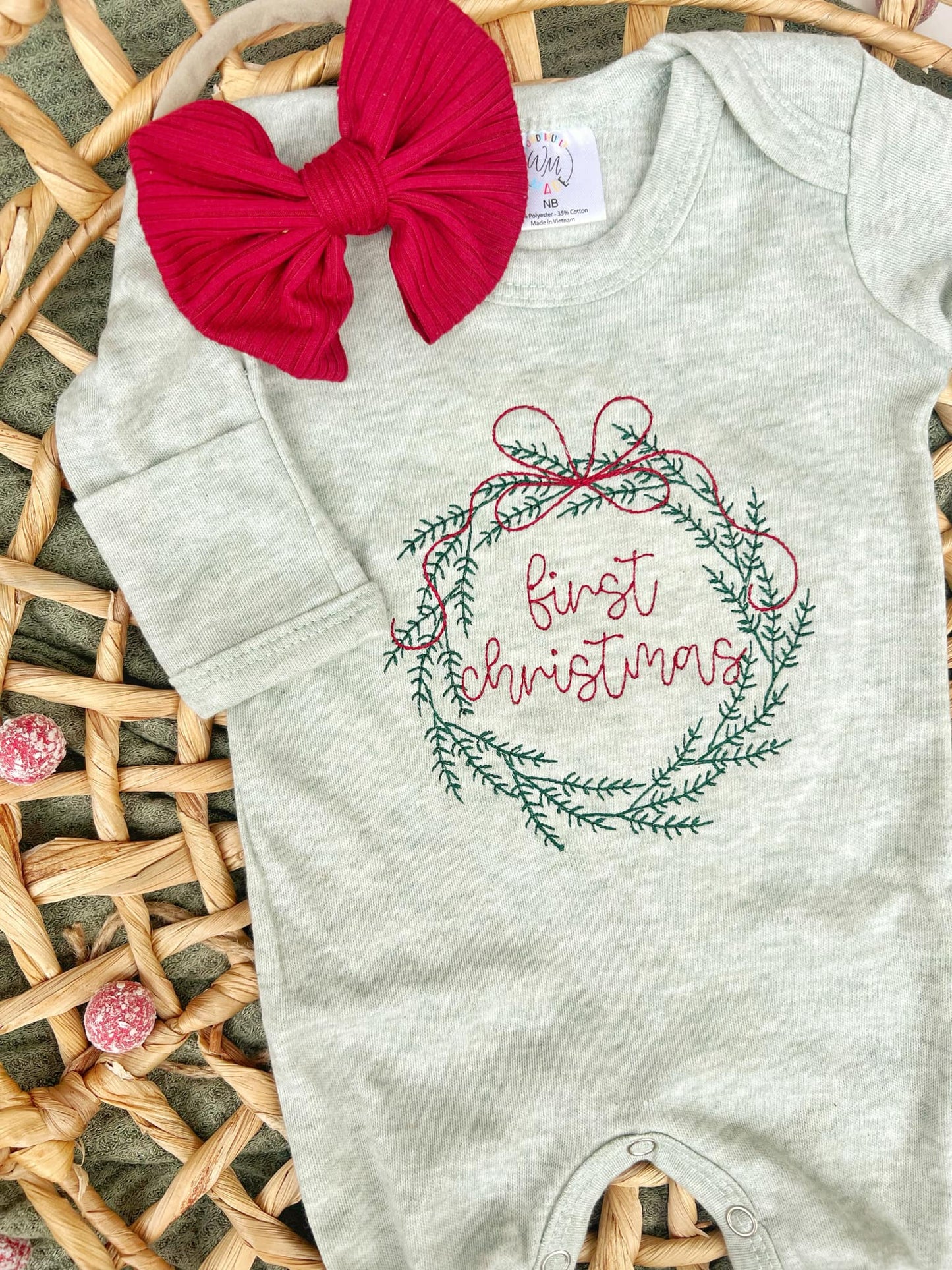 First Christmas Wreath Outfit: Newborn / Romper and bow