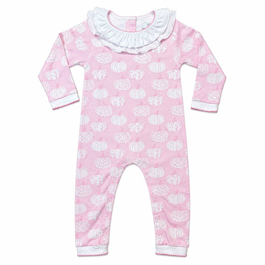 Footless Ruffled Playsuit: Pretty Pink Pumpkins