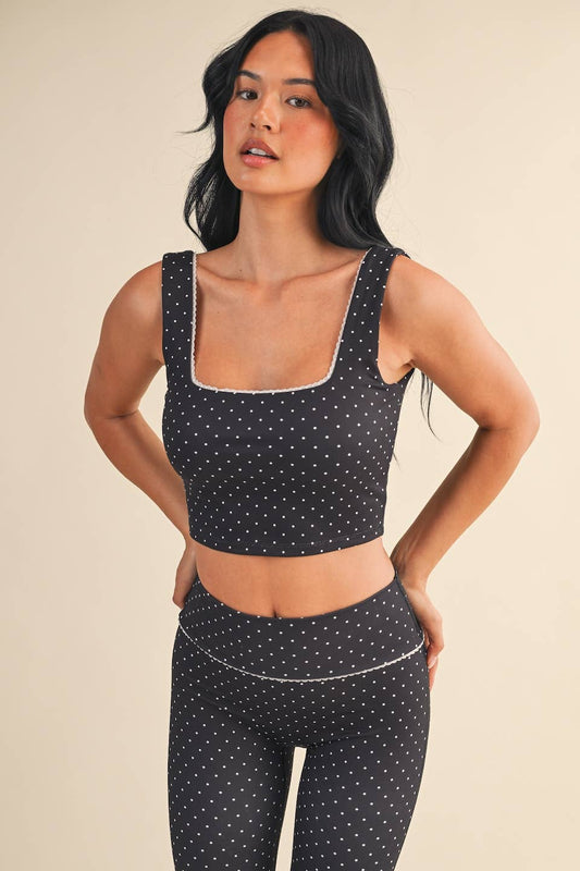 Polka Dot Print Crop Tank with Lace Trim: Black Polka Dot
