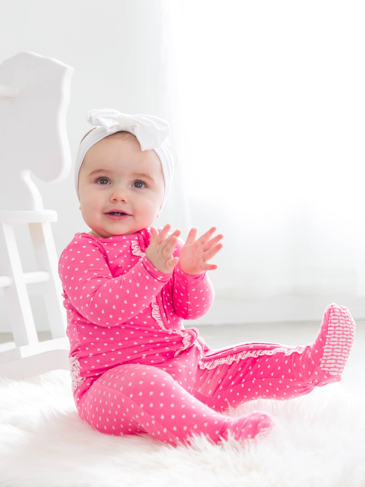 Baby Girls Hot Pink Heart Polka Dot Bamboo Viscose Footed Ruffle One Piece Pajama