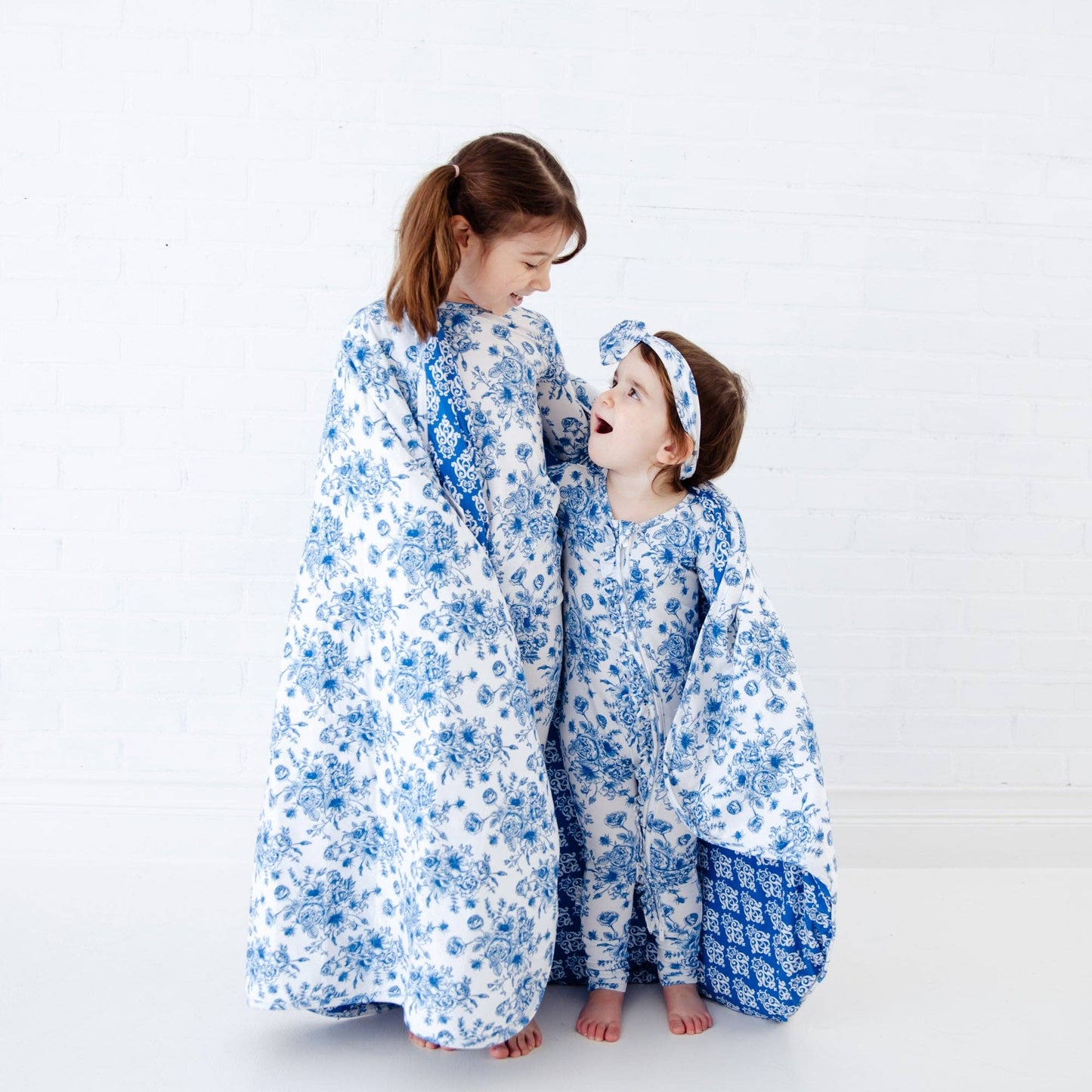 Something Blue Toile Damask Floral Bamboo Baby Pajamas Ruffle Convertible Footie
