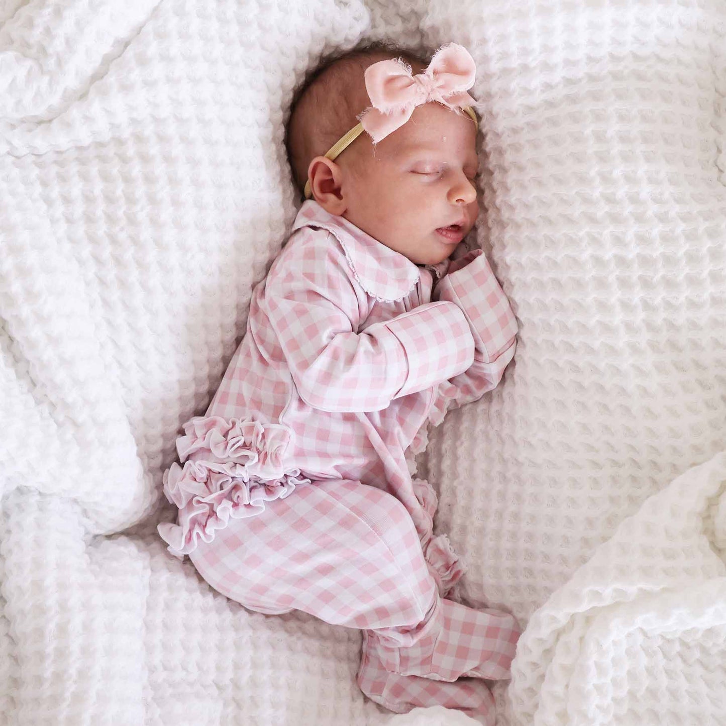 Peter Pan Collar Ruffle Zipper Footie | Rosy Gingham