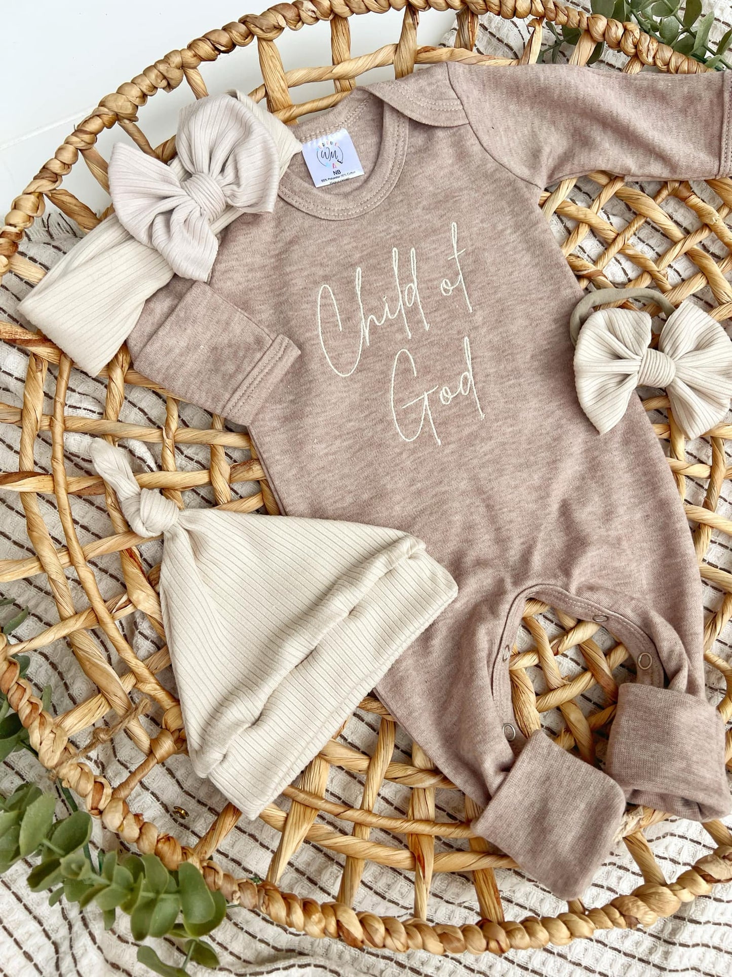 Child of God Mocha Brown Outfit: Newborn / Romper and Knotted Hat