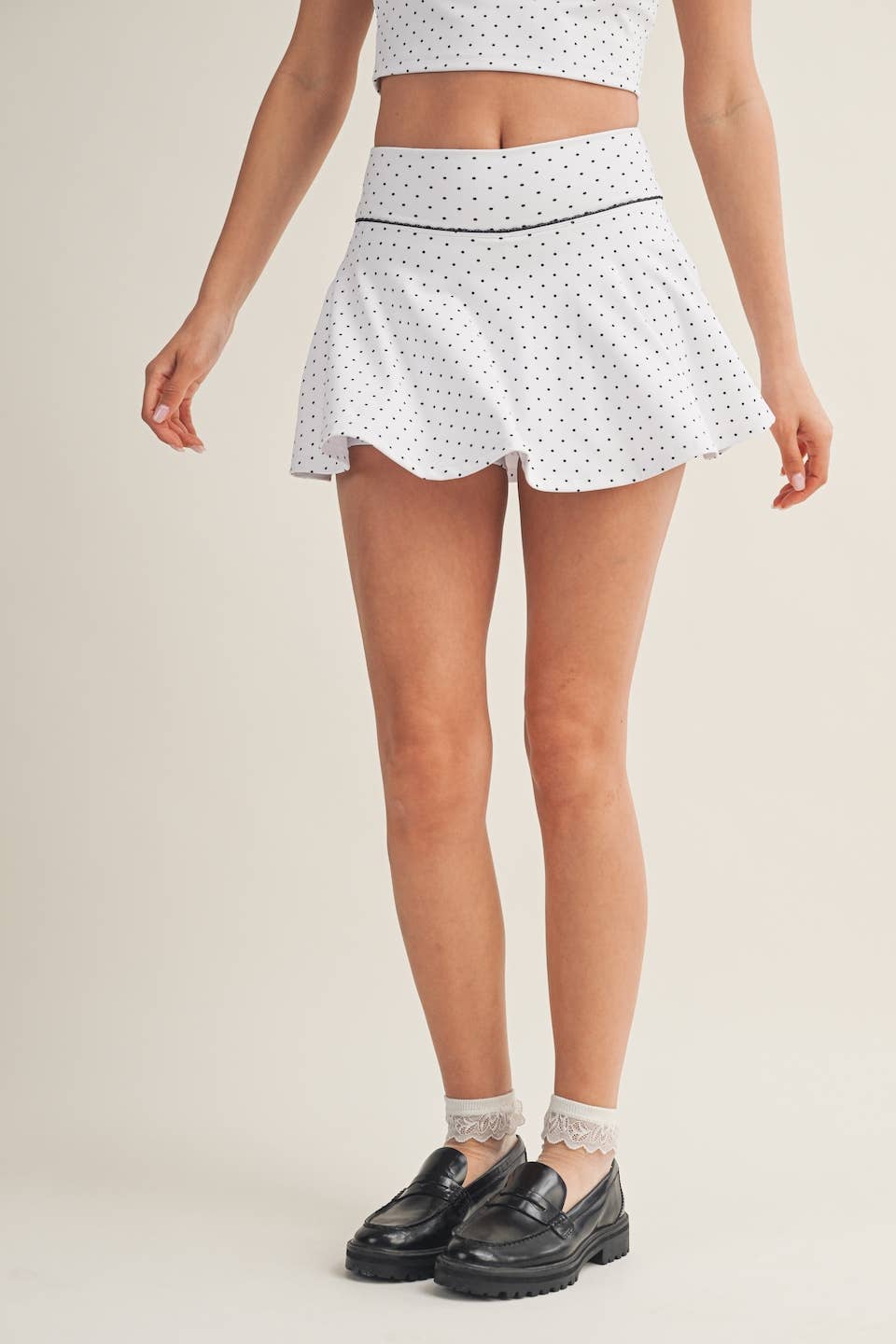 Polka Dot Print Mini Circle Skort with Bow Back and Lace Tri: Black Polka Dot