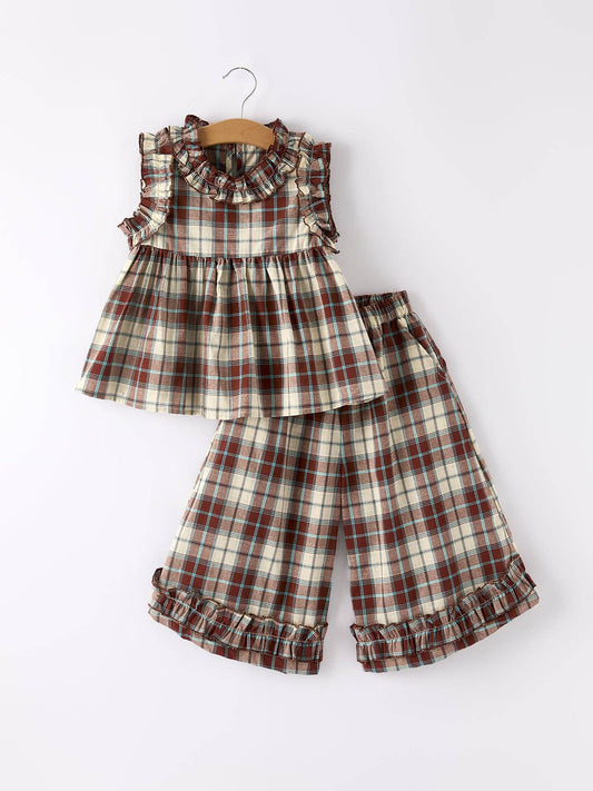Coffee Green Plaid Girls Two-Piece Set