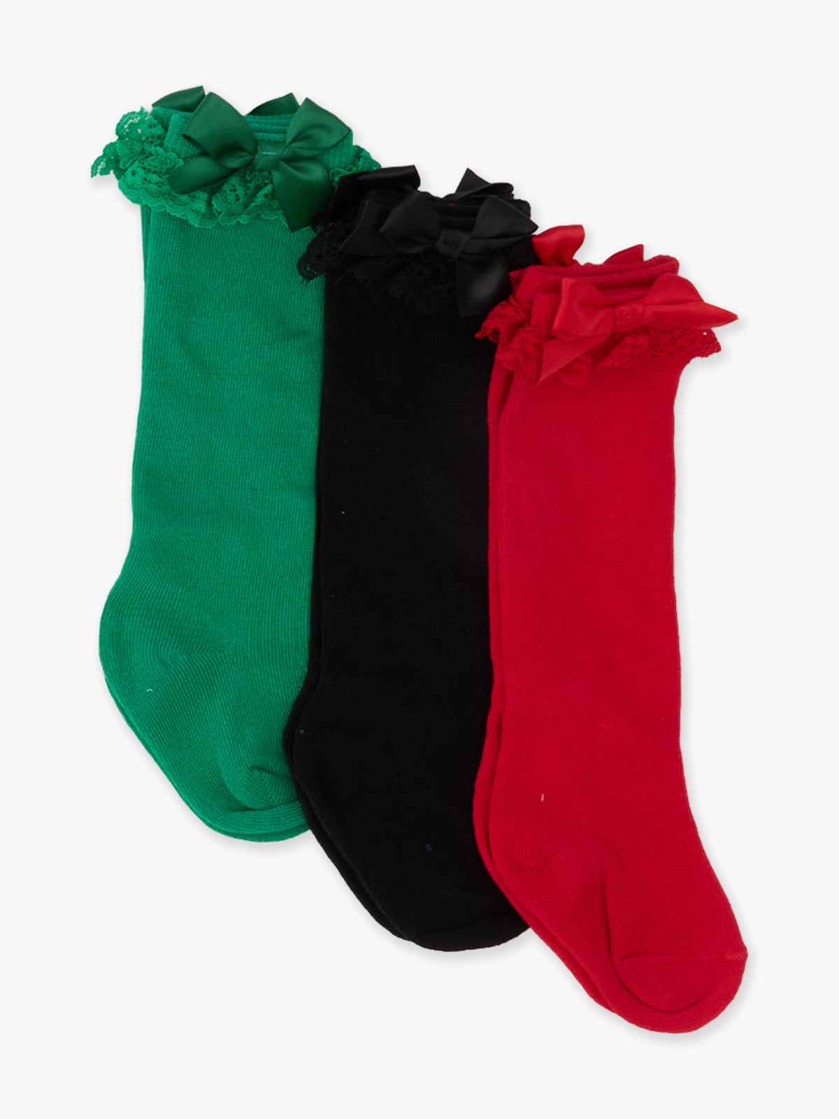 Girls Green, Red, & Black 3-Pack Lace Ruffle Bow Knee High Socks