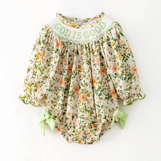 "GOD IS GOOD" Smocked Embroidery Floral Romper