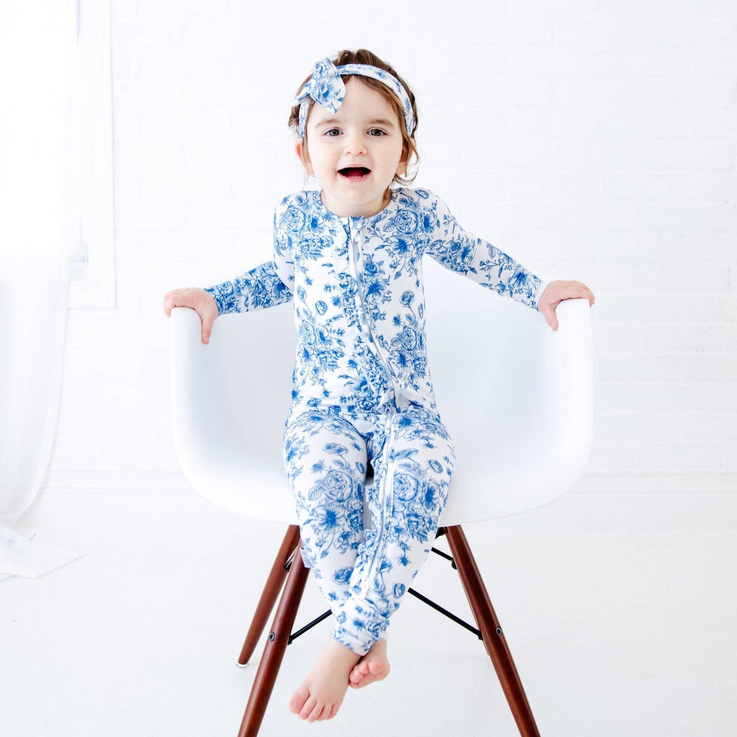 Something Blue Toile Damask Floral Bamboo Baby Pajamas Ruffle Convertible Footie