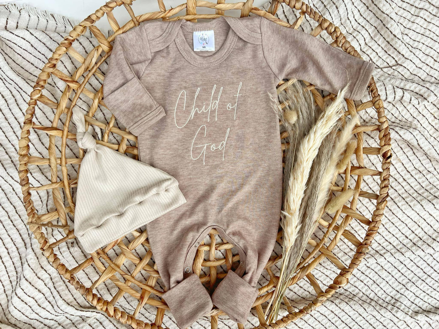 Child of God Mocha Brown Outfit: Newborn / Romper and Knotted Hat