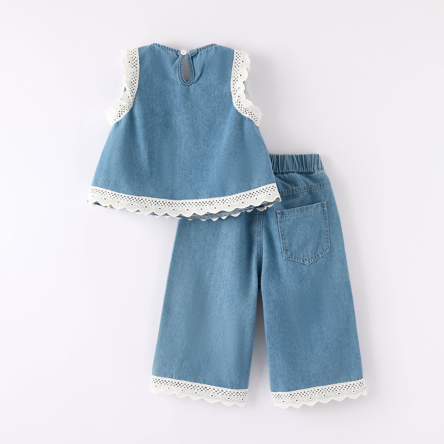 Denim Light Blue Lace Sleeveless Cotton Outfit Set