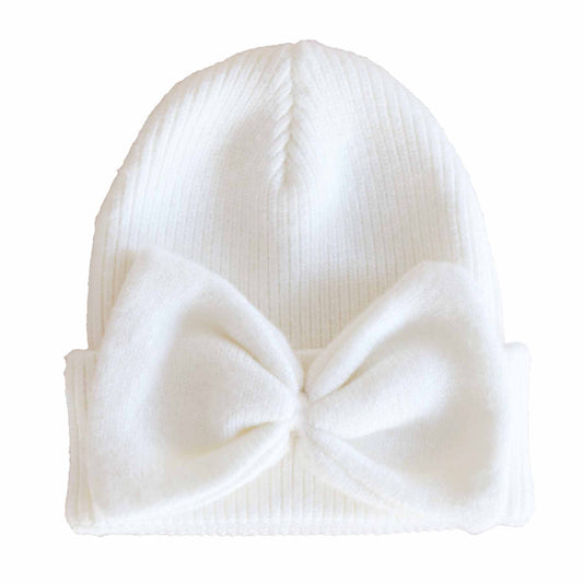 Knit Newborn Bow Beanies: Light Ivory