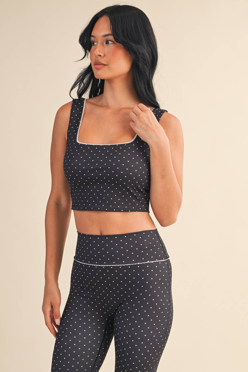 Polka Dot Print Crop Tank with Lace Trim: Black Polka Dot