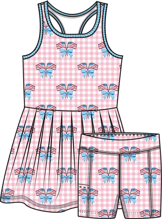 Girls Pink Patriotic Gingham Pleated Skirt Active Dress & Bike Short Set