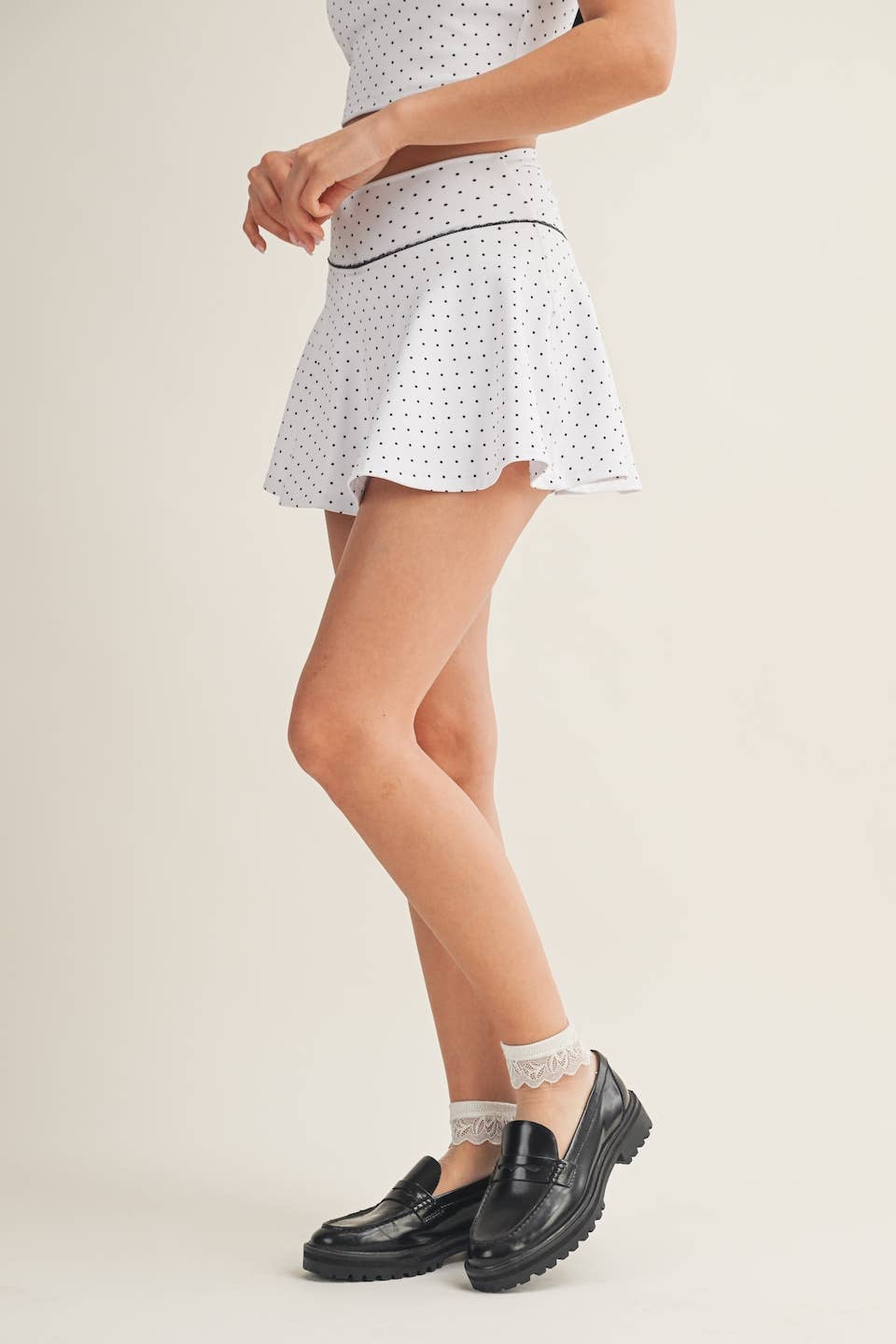 Polka Dot Print Mini Circle Skort with Bow Back and Lace Tri: Black Polka Dot