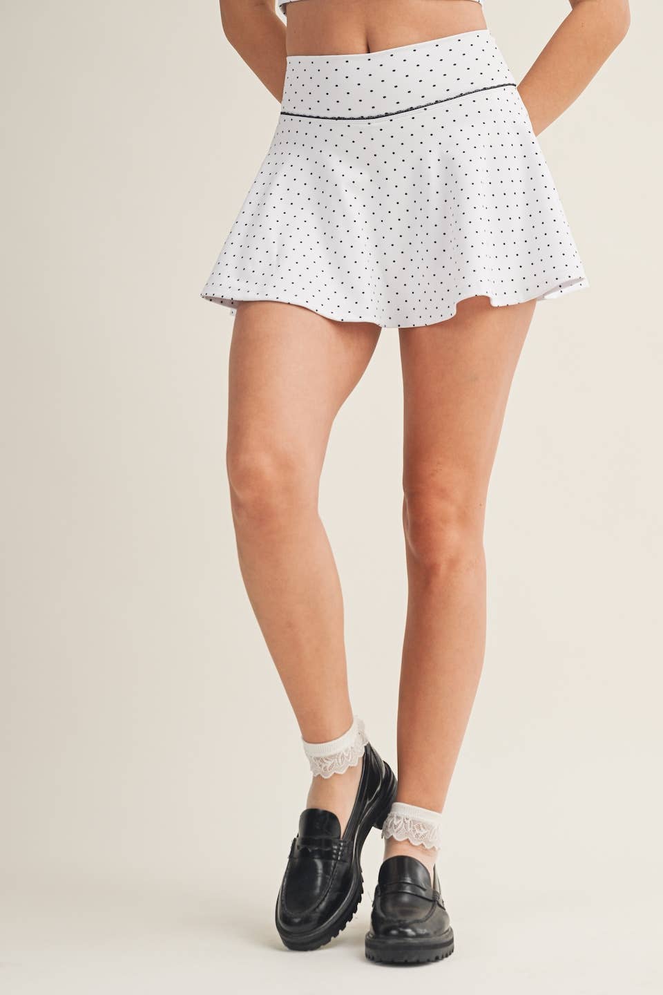 Polka Dot Print Mini Circle Skort with Bow Back and Lace Tri: Black Polka Dot