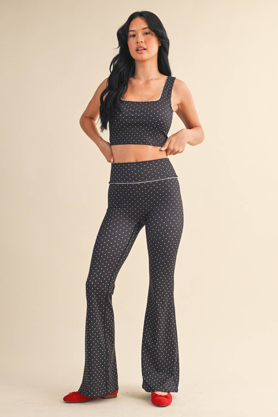 Polka Dot Print Crop Tank with Lace Trim: Black Polka Dot