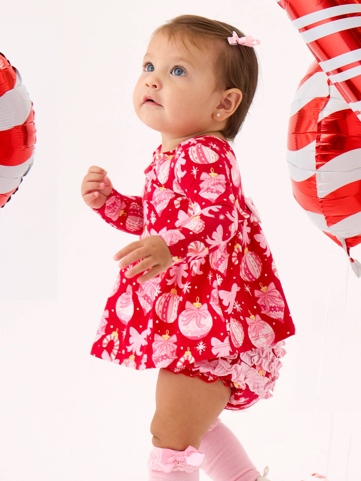 Baby Girls Red Holly Christmas Ornament Bows Knit Long Sleeve Twirl Top & Ruffle Bloomer Set