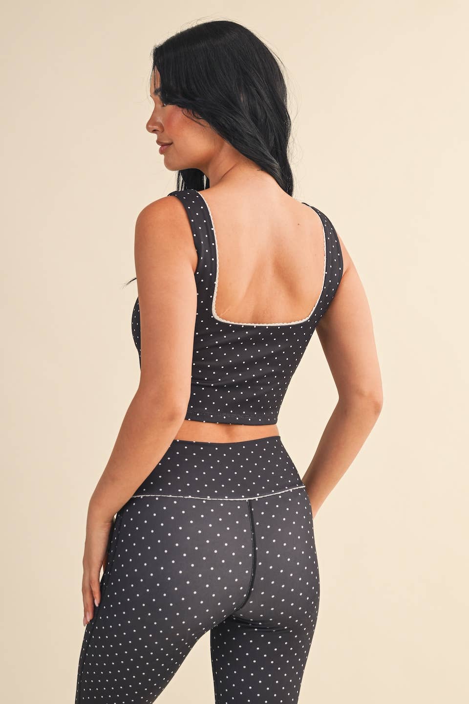 Polka Dot Print Crop Tank with Lace Trim: Black Polka Dot