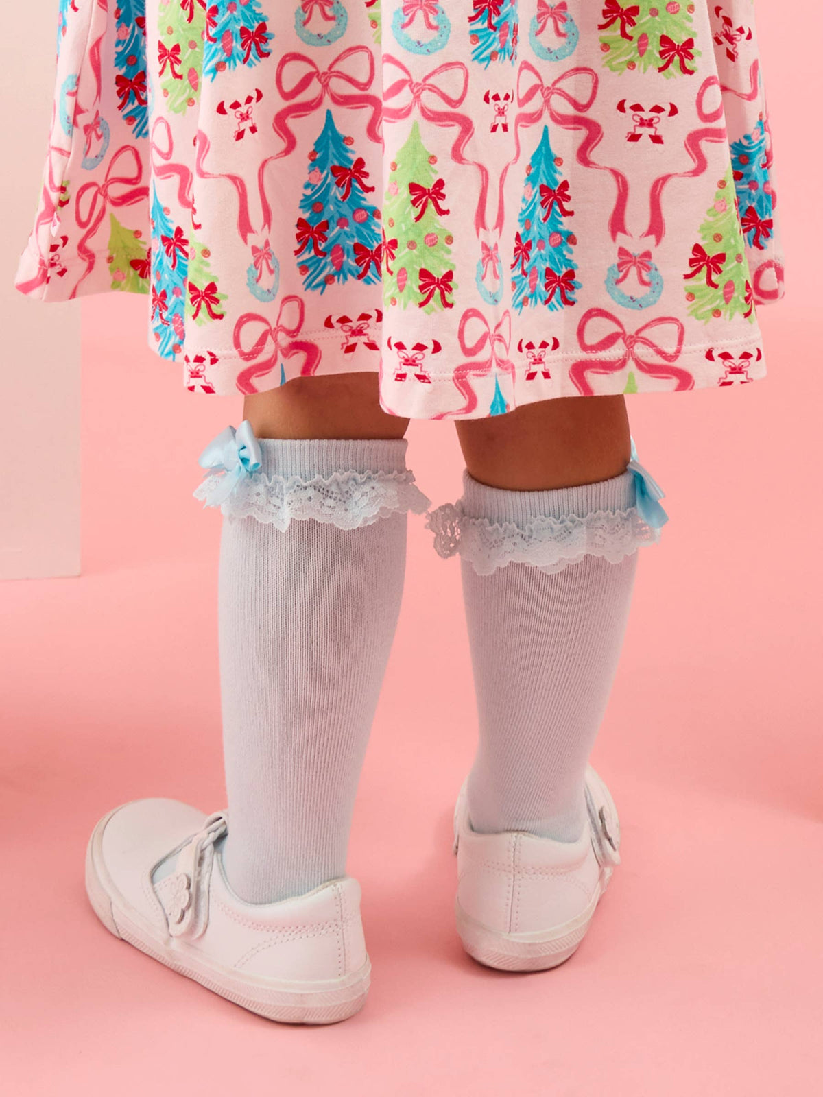 Girls White, Ocean Tide Blue, & Pink 3-Pack Lace Ruffle Bow Knee High Socks