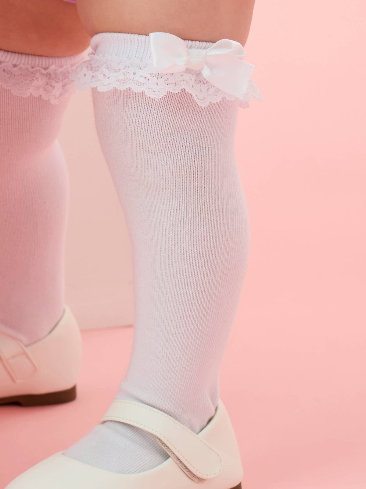Girls White, Ocean Tide Blue, & Pink 3-Pack Lace Ruffle Bow Knee High Socks