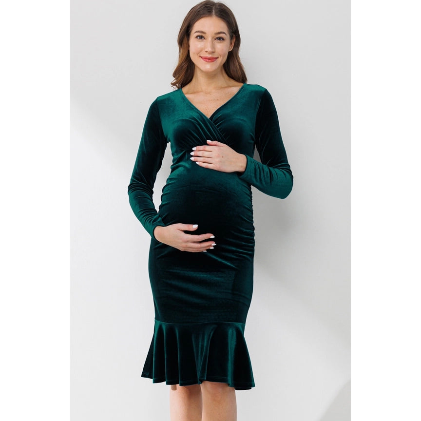 Velvet Surplice Mermaid Hem Maternity Dress