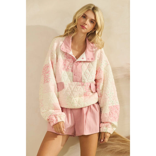 Textured Contrast Printed Quarterzip Sweater